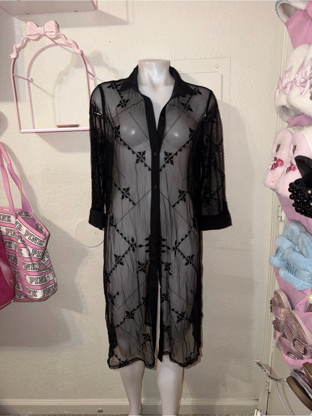 Black Sheer Embellished Button-Front Cover-Up large